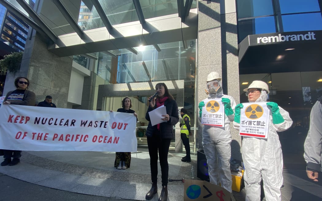 Auckland University sociology lecturer Dr. Karly Burch speaks at Fukushima protest in Auckland, New Zealand.