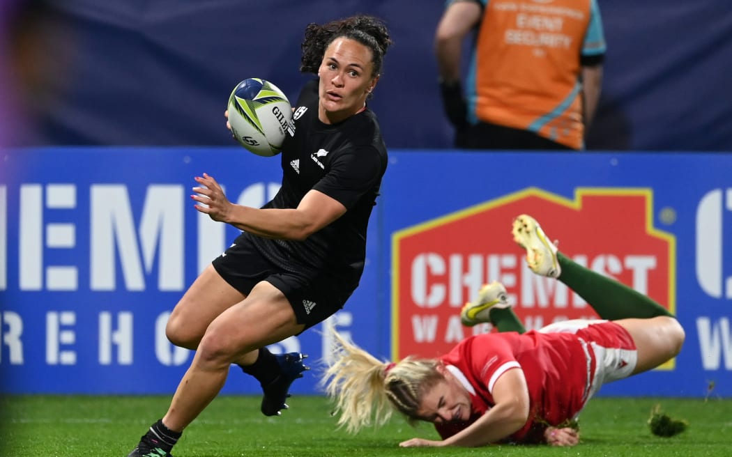 Black Fern Portia Woodman scores for New Zealand in their Rugby World Cup quarter-final against Wales.