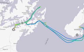 MarineTraffic's map showing the Interislander's Kaitaki waiting in Queen Charlotte Sound.