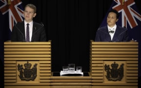 Prime Minister Chris Hipkins makes a law and order announcement with Justice Minister Kiri Allan on 19 July, 2023.
