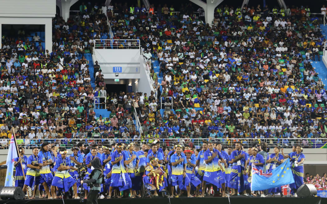 Team Tuvalu at the opening ceremony for the 17th Pacific Games in Solomon Islands. 19 November 2023