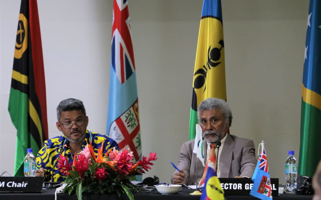 Vanuatu's deputy prime minister Matai Seremaiah, left, and MSG director general Leonard Louma at the opening of the 22nd MSG Leaders's Summit Foreign Ministers' Meeting in Port Vila. 21 August 2023