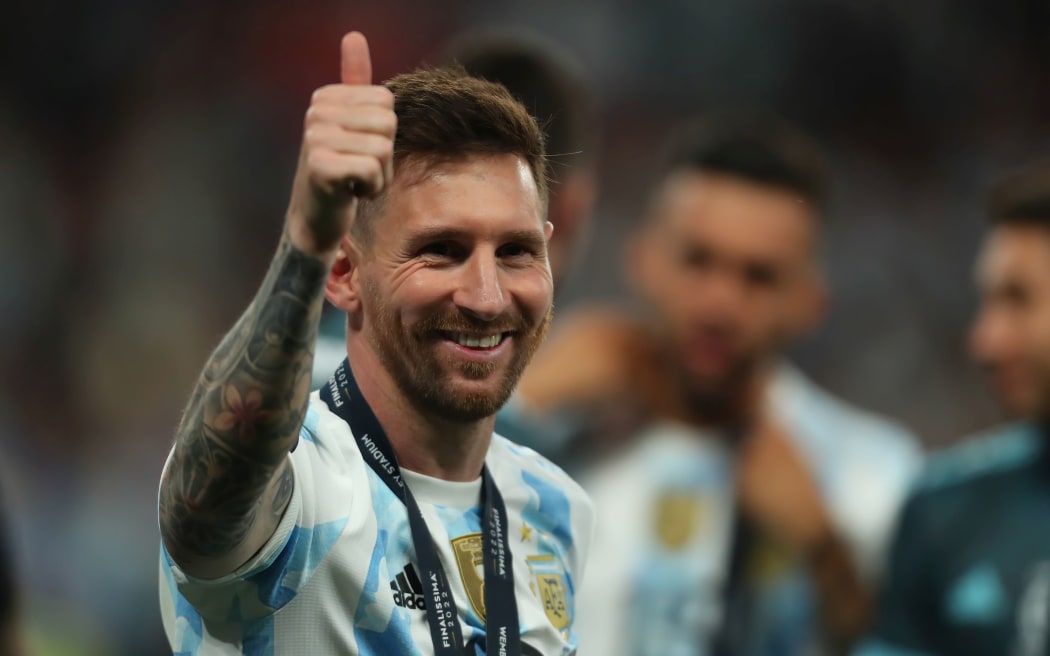 Lionel Messi of Argentina gives the thumbs up