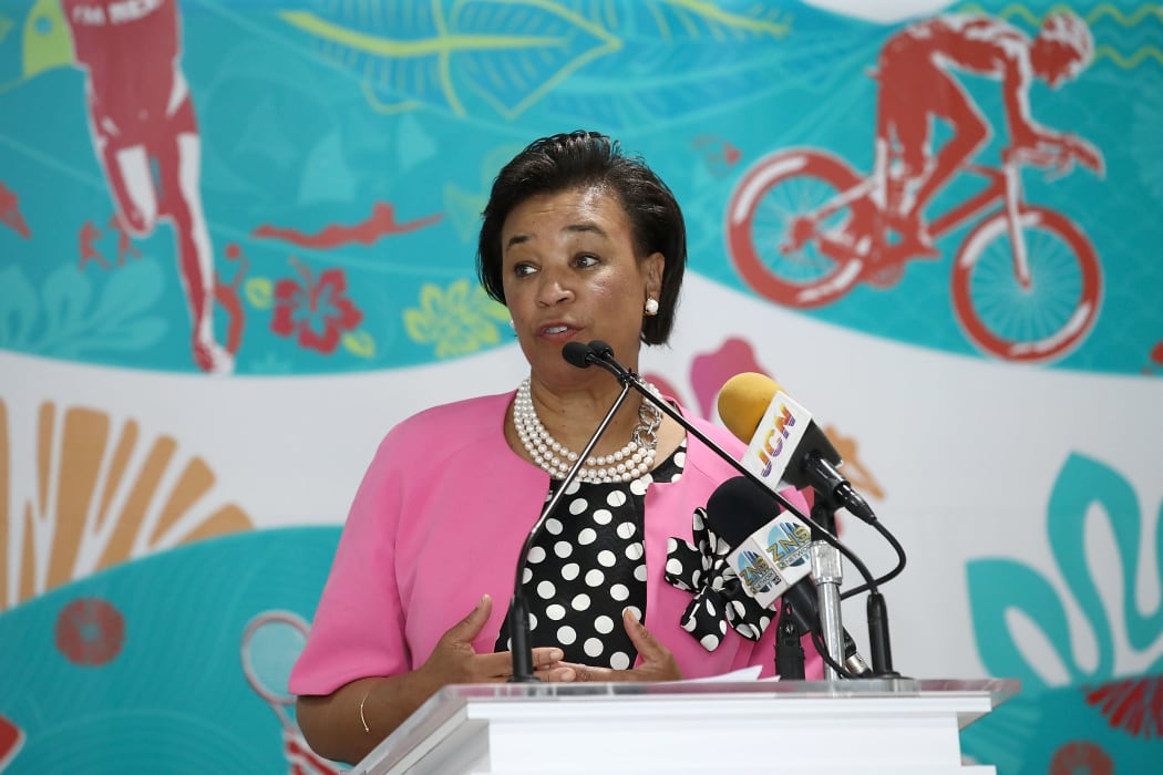 Baroness Patricia Scotland, Commonwealth Secretary General speaks to the media during the 2017 Commonwealth Youth Games Opening on July 17, 2017 in Nassau, Bahamas.