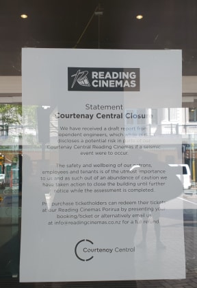 A sign at Reading Cinemas Courtenay Place informing of the closure.