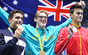 Mack Horton (middle) Sun Yang (China right) and Italy's Detti Gabriele (left) on the podium at the Rio Olympics 2016.