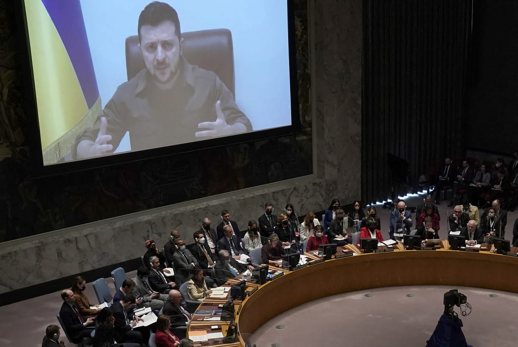 President Volodymyr Zelensky, of Ukraine, addresses a meeting of the United Nations Security Council in New York City on April 5, 2022.