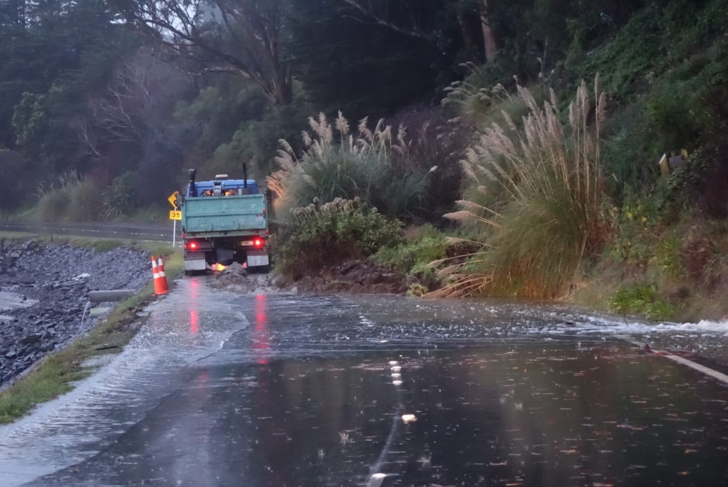 Slip covering most of Portobello Road, blocking the main Otago Peninsula road.