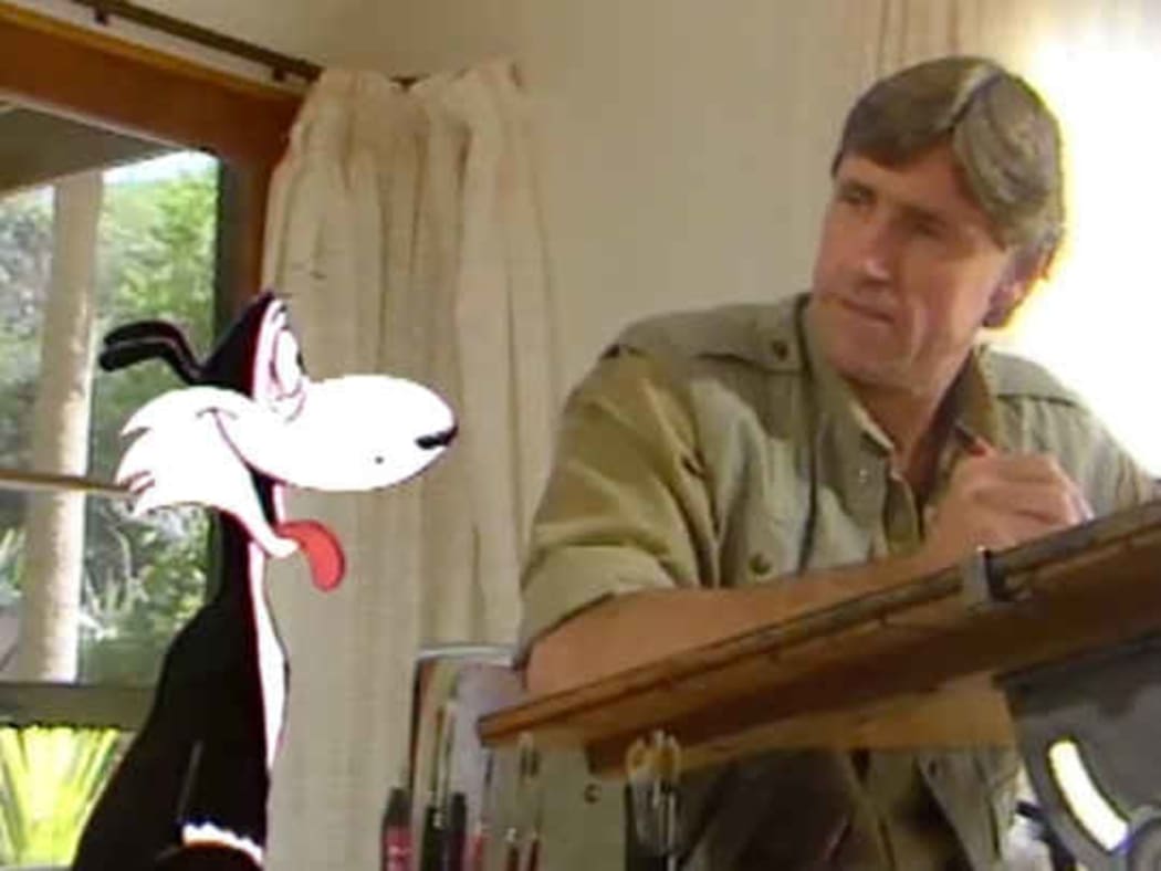 Murray Ball and The Dog, in a documentary about the making of 1986 Footrot Flats film The Dog's Tale.
