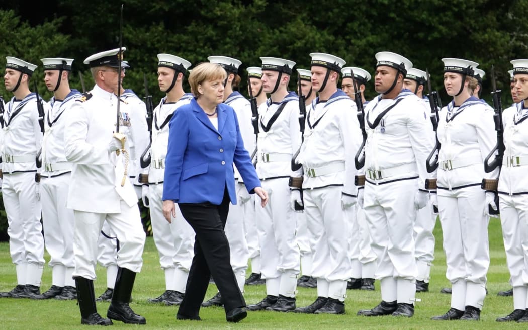 German Chancellor Angela Merkel at Government House in Auckland.