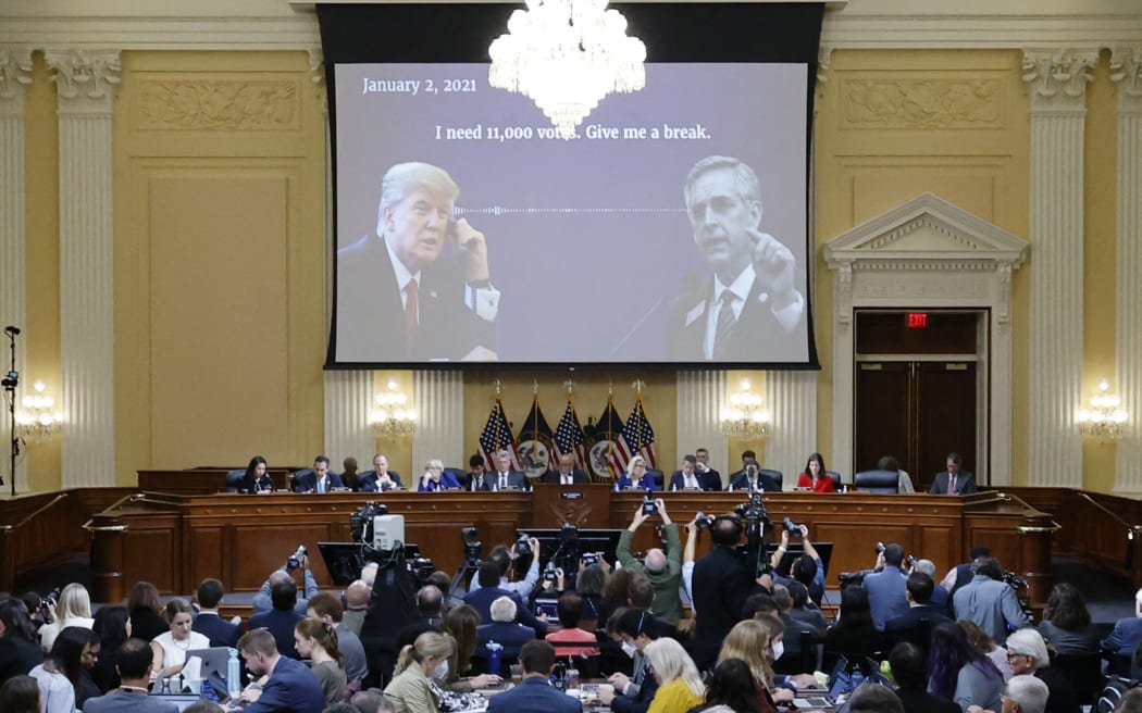 The US House Select Committee to Investigate the 6 January Attack on the US Capitol plays a recording of former President Donald Trump's phone call with Georgia Secretary of State Brad Raffensperger in which Trump said "I need 11,000 votes. Give me a break" in a video shown during a hearing in the Cannon House Office Building. 13/10/22