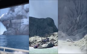 Images taken from a boat close to White Island shows a damaged helicopter and survivors of the eruption waiting to leave the island at the edge of the water.