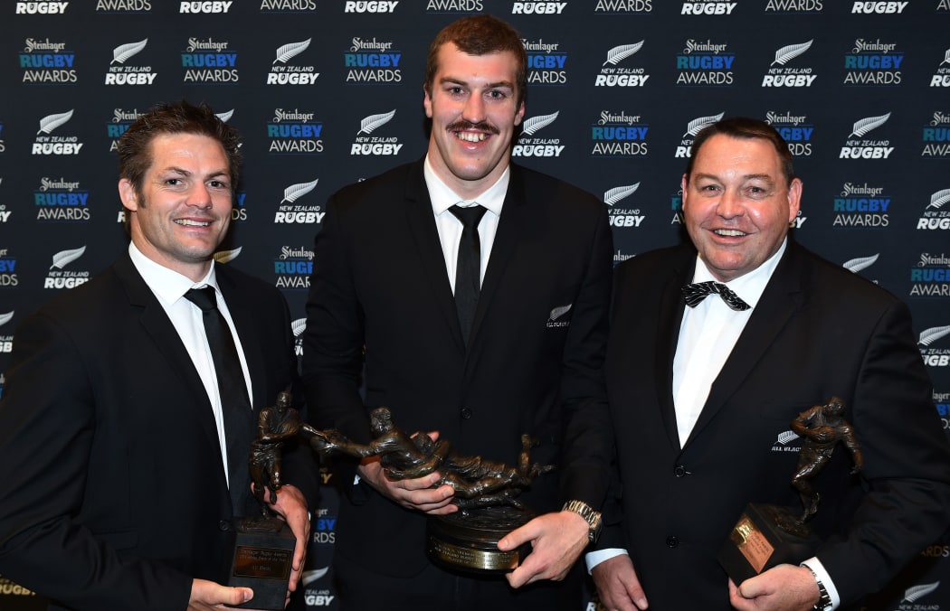 Richie McCaw, Brodie Retallick and Steve Hansen at the 2014 rugby awards.