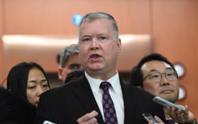 US special representative on North Korea Stephen Biegun speaks to reporters as his South Korean counterpart Lee Do-hoon  looks on after their "working group" meeting handling North Korean issues in Seoul.