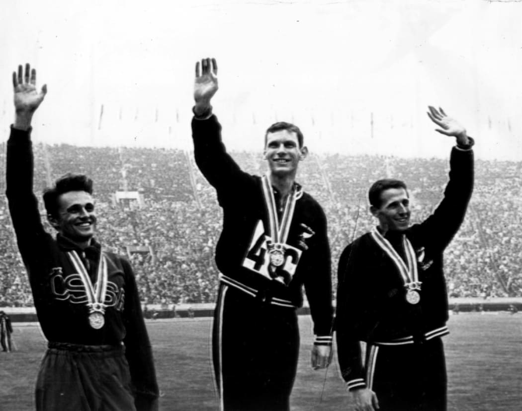 Peter Snell, centre, won gold in the men's 1500 metres in the 1964 Tokyo Olympics. Pictured on the podium with, at left, Josef Odlozil (Cze) and  bronze-medal winner John Davies (NZL).