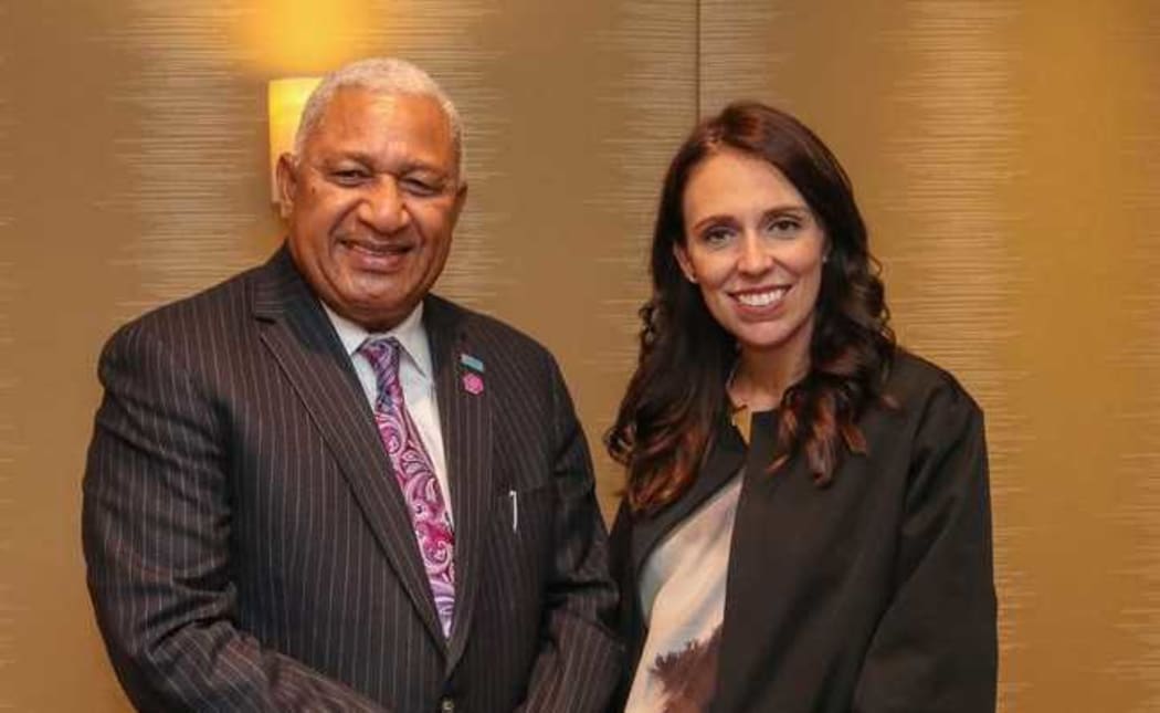 Fiji PM Frank Bainimarama with New Zealand's Jacinda Ardern in London, 2018