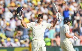 Alastair Cook of England celebrating his century yesterday.
