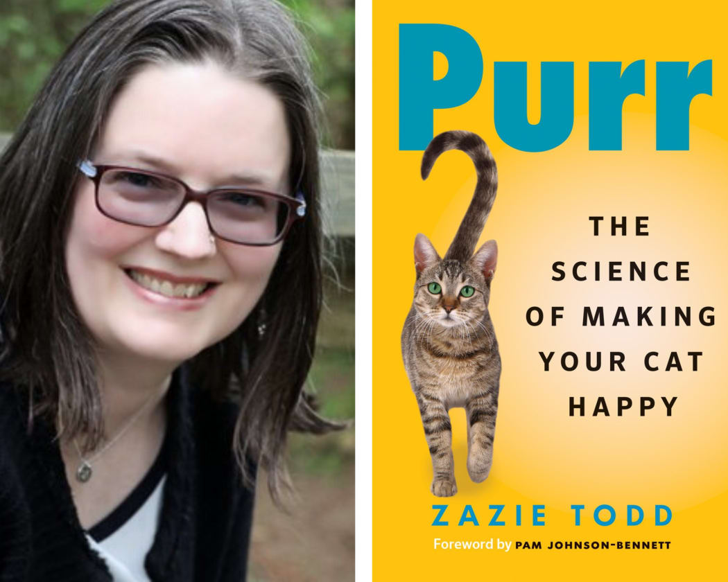 A composite image of animal behavior expert Zazie Todd and the cover of her book "Purr. The Science of Making Your Cat Happy"