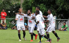 PS Huawei FC celebrate the winning goal in their National Soccer League match against Madang FC.