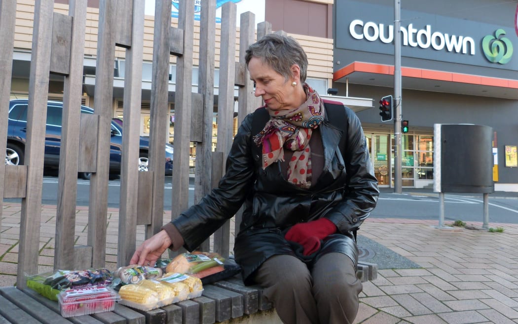 Shopper Jane Kitchenman with some of the vegetables packaged by Countdown.