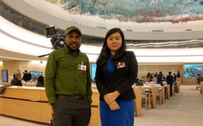 KNPB's Victor Yeimo and lawyer Veronica Koman at the UN Human Rights Council in Geneva