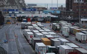 Trucks queue up at the port of Dover on the south coast of England in March 2018