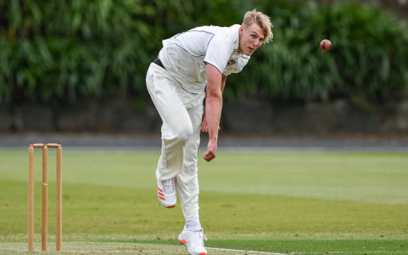 Kyle Jamieson bowling for Auckland 2020.