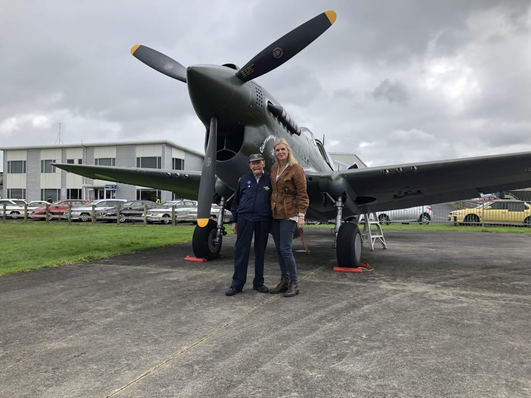 Jude Dobson with Bryan Cox Pacific War Vet with P40 Kittyhawk. September 2019