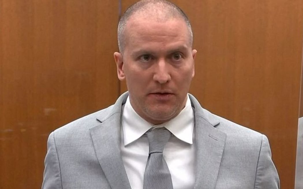 This grab from video shows former policeman Derek Chauvin speaking facing the camera as he heard his sentence in the Hennepin County Government Center on June 25, 2021 in Minneapolis, Minnesota.