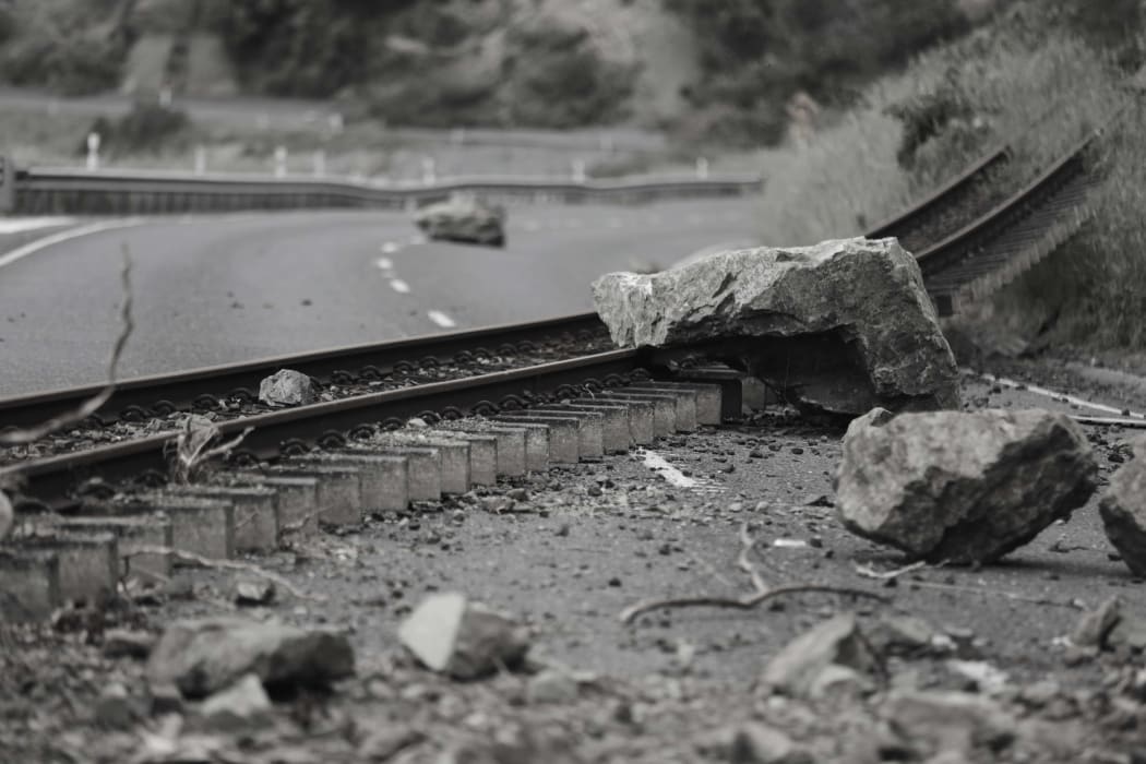 Railway tracks ripped from the line along state highway 1 - north of Kaikoura