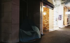 A makeshift tent on Hobson Street in Auckland City.