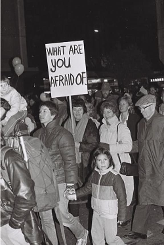 Protest supporting Homosexual Law Reform, leading up to the historic law change in 1986