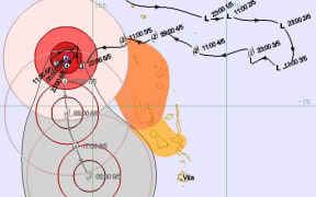 The forecast trajectory of Cyclone Donna on Sunday morning, showing the category four cyclone off the country's western coast. Vanuatu was still being hard hit though, forecasters said.