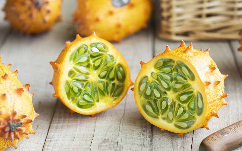 The edible green inside of a kiwano is cucumber and passionfruit-like.