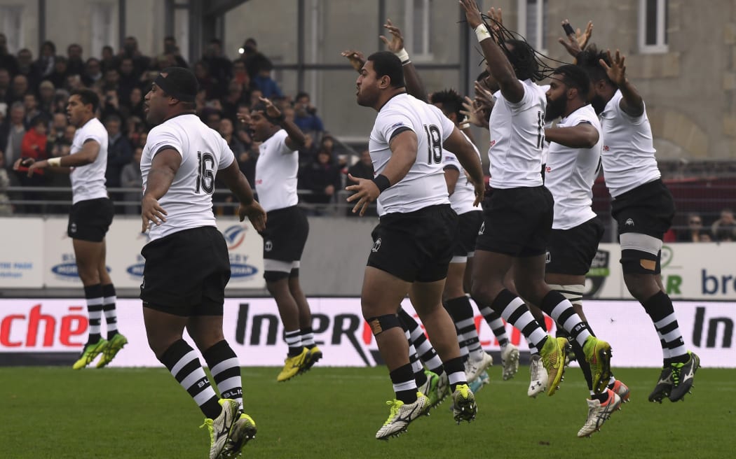 The Flying Fijians perform the Cibi before a test against Japan in November.