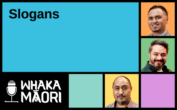 Text reads "Tuangahuru, Slogans", surrounding this text are the Whakamāori logo and the faces of the three hosts for the episodes.