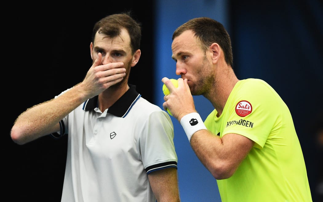 Jamie Murray (L) of Great Britian and Michael Venus of New Zealand during the 2023 ASB Classic tournament.