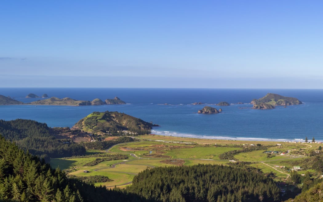 Panorama of Matauri Bay and Cavalli Islands, Northland, New Zealand.