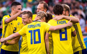 The Swedish football team celebrate a goal at the 2018 World Cup.