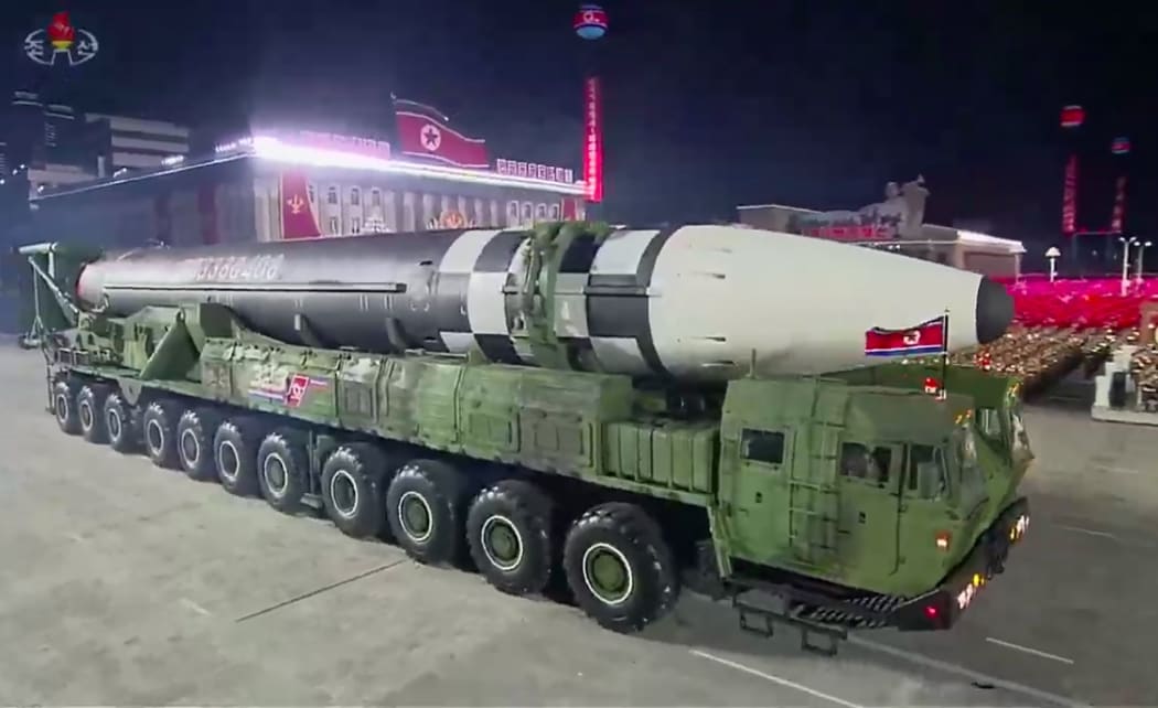 A screen grab taken from a KCNA broadcast on October 10, 2020 shows what appears to be a new North Korean intercontinental ballistic missile during a military parade marking the 75th anniversary of the founding of the Workers' Party of Korea, in Pyongyang.