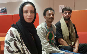 (from left) Nada Tawfeek, Guled Mire and Bariz Shah at the mental health hui for young Muslim people on Saturday.