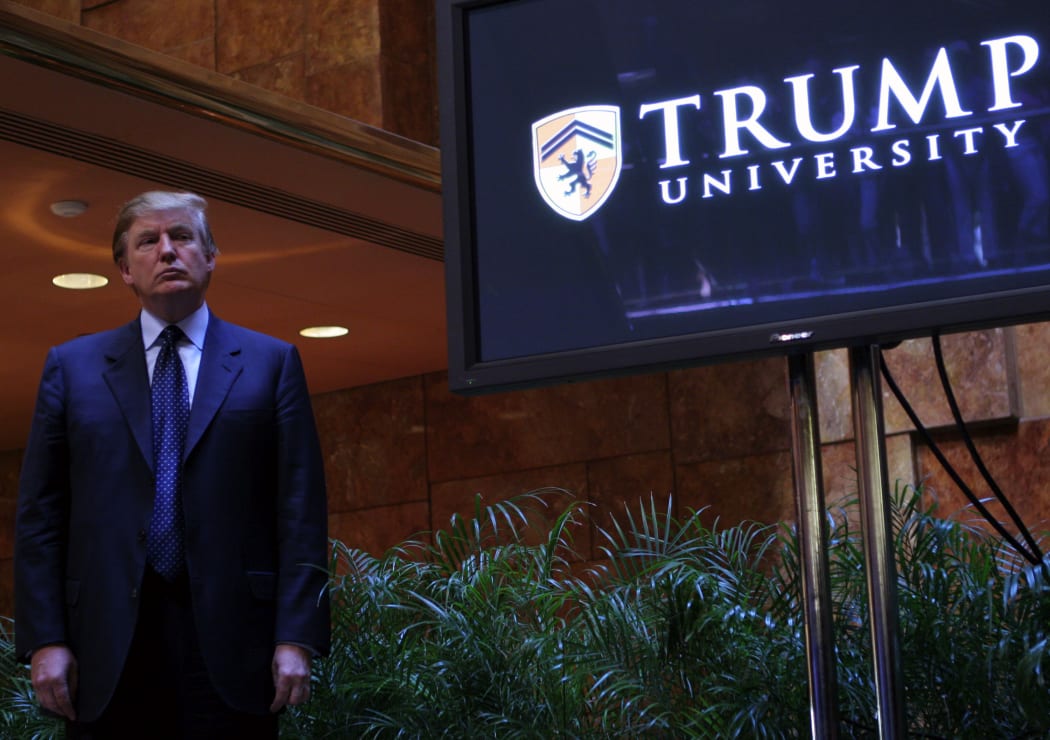 Donald Trump announces the establishment of Trump University in New York in May 2005.