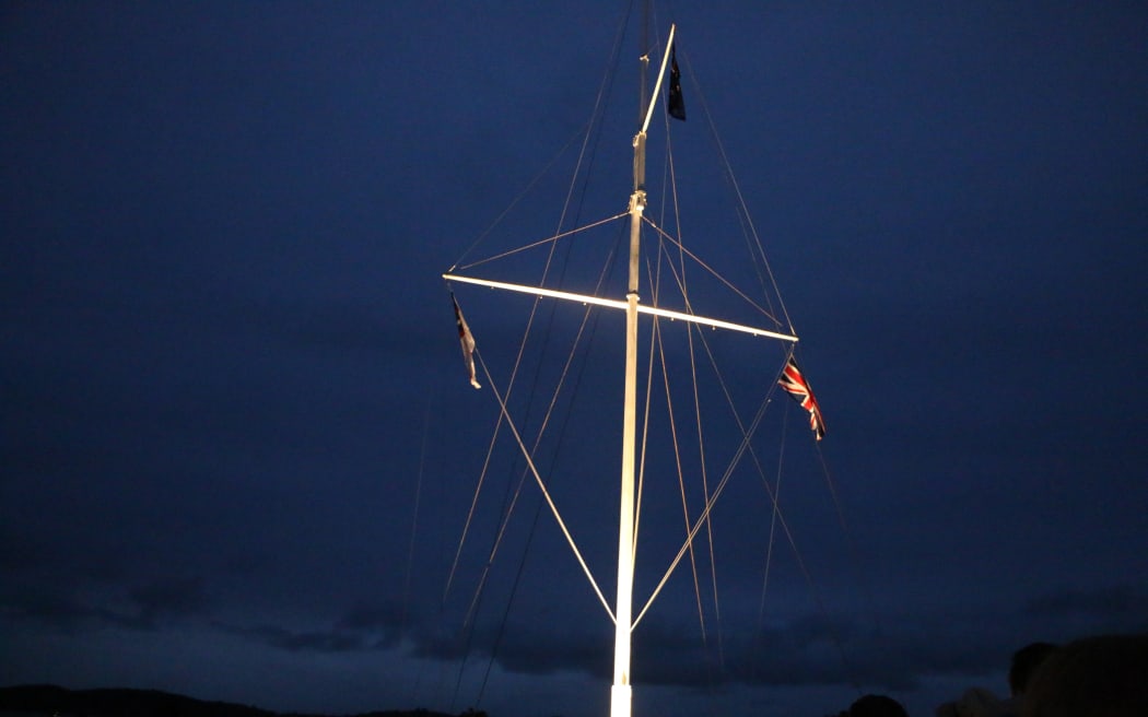 Flags fly at half mast on the Treaty grounds at Waitangi.