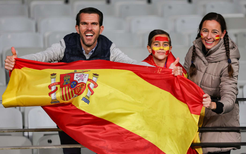 Spanish fans and supporters. Spain v Zambia, Group Stage - Group C 2023 FIFA Women’s Football World Cup match at Eden Park, Auckland, New Zealand on Wednesday 26 July 2023. Mandatory credit: Brett Phibbs / www.photosport.nz