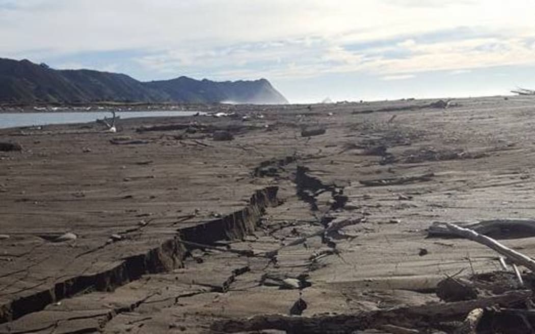 The recent 7.1 magnitude earthquake left large cracks in the sand at Rangitukia Beach near Te Araroa.