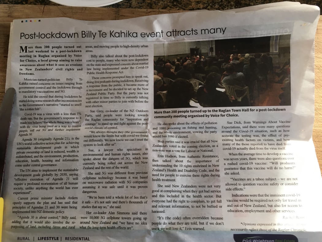 An article in the Raglan Chronicle after a NZ public Party meeting there in July.