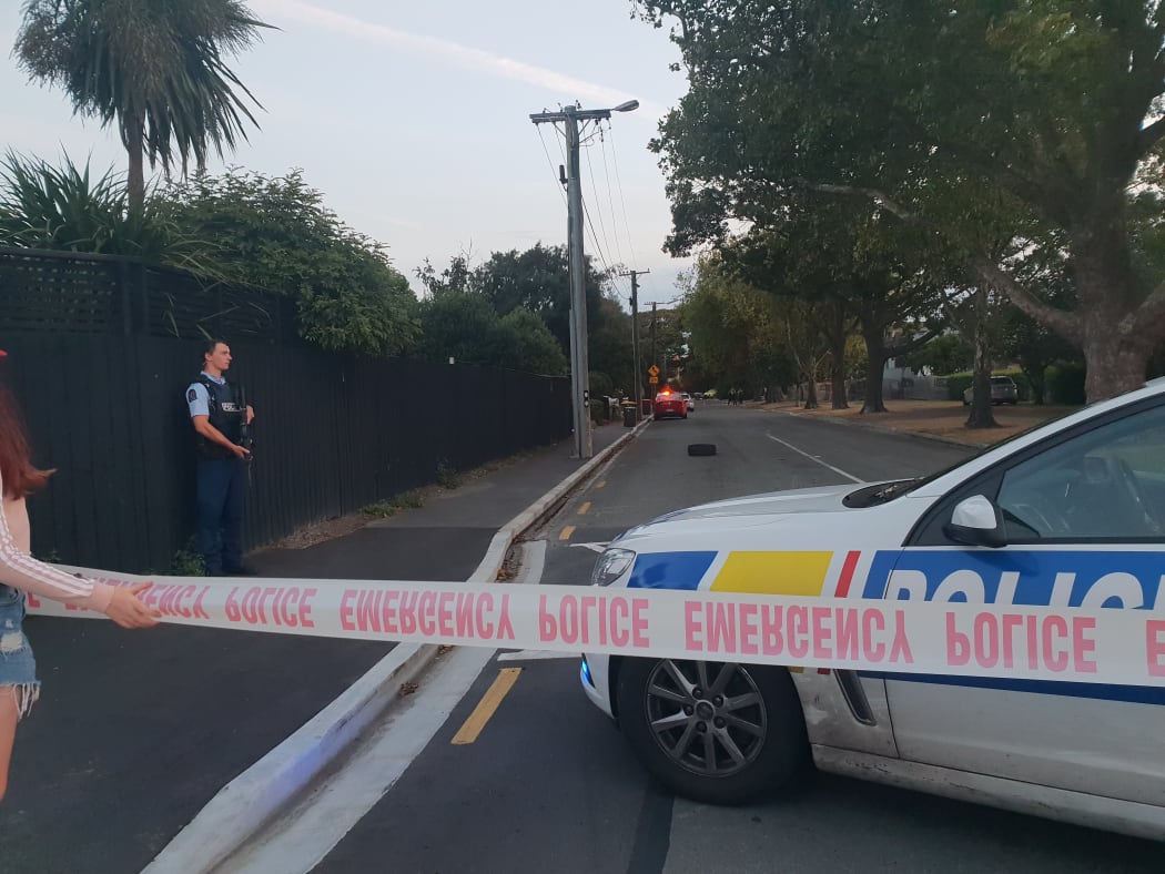 A police cordon in Richmond, Christchurch, where a man was shot on Tuesday evening.
