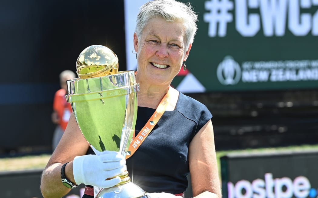 Former White Ferns captain Debbie Hockley with the World Cup in Hamilton in 2022.