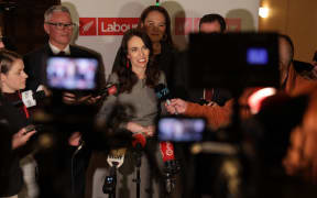 Labour leader Jacinda Ardern talks to media after Party's re-election campaign launch.