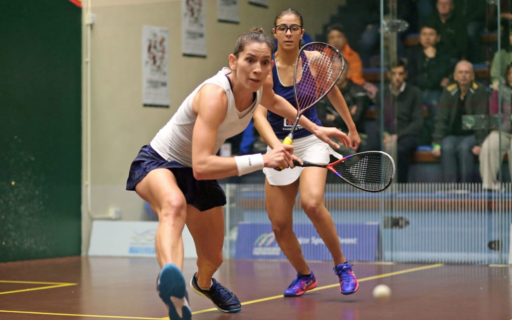 Joelle King in white top competing at the Hong Kong Squash Open 2018
